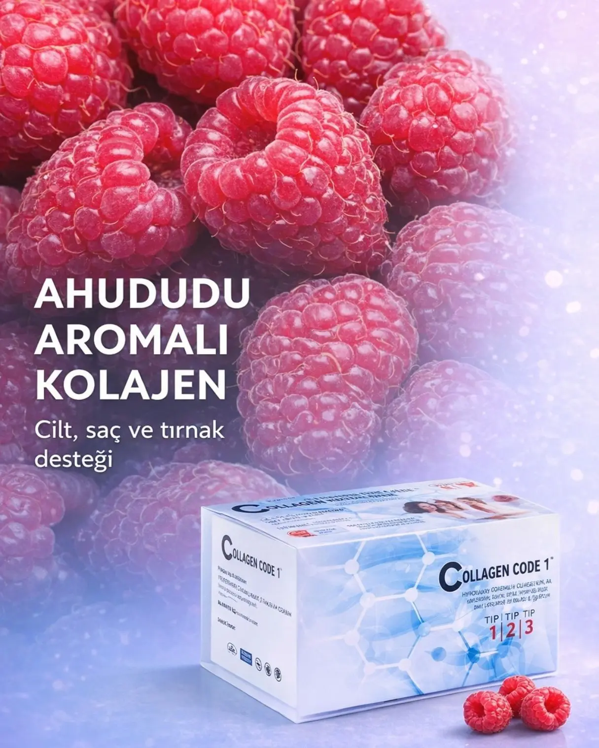 Ahududu aromalı kolajen takviyesi Collagen Code1 cilt saç ve tırnak desteği