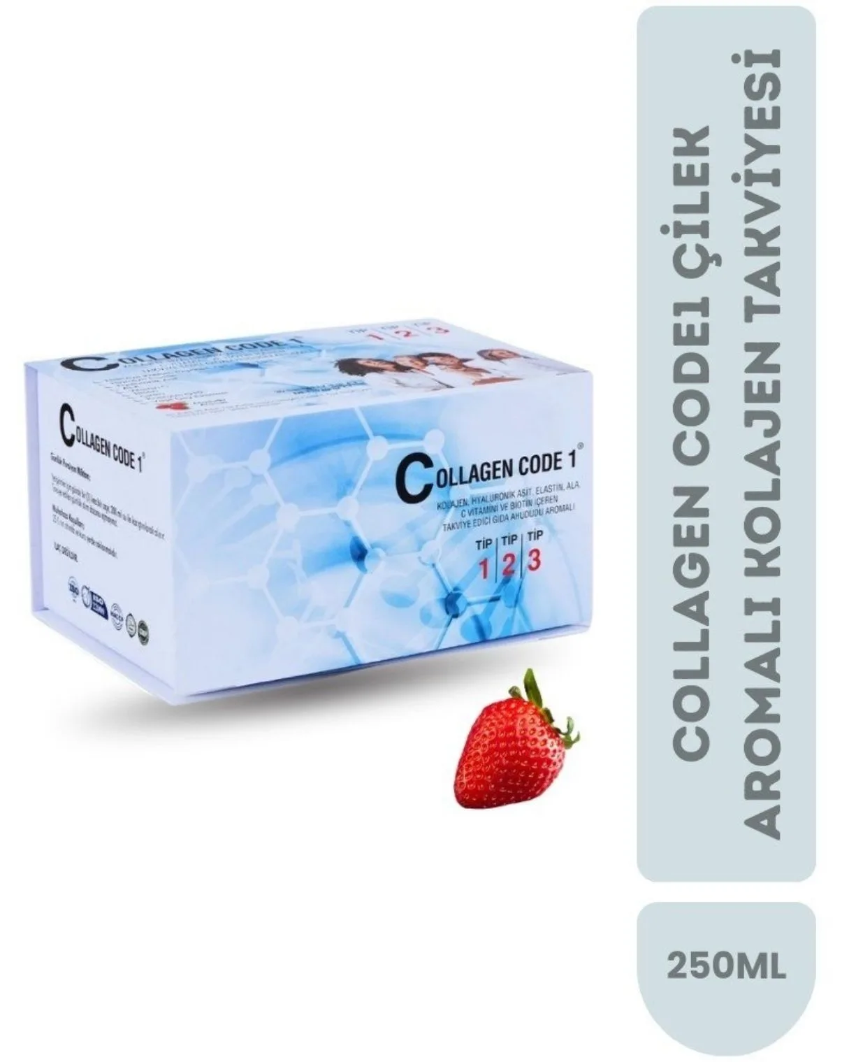 Collagen Code1 çilek aromalı hidrolize kolajen takviyesi tip 1 tip 2 tip 3 kolajen içeren cilt saç ve tırnak desteği