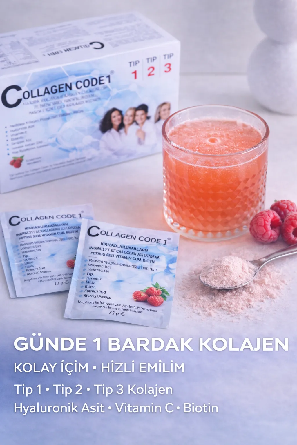 Collagen Code1 ahududu aromalı kolajen içeceği saşe formu günlük kullanım görseli