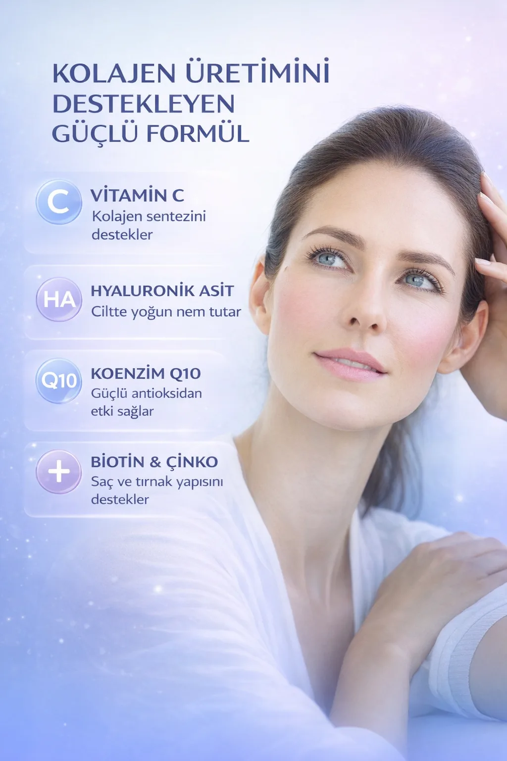Kolajen üretimini destekleyen vitamin C, hyaluronik asit, koenzim Q10 ve biotin içeren ahududu aromalı kolajen takviyesi görseli