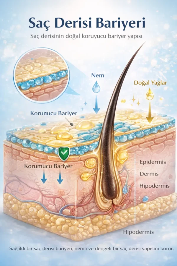 Saç derisi bariyeri yapısı, nem dengesi ve doğal yağların hassas saç derisini ve kepek oluşumunu koruma mekanizmasını gösteren dermatolojik diyagram