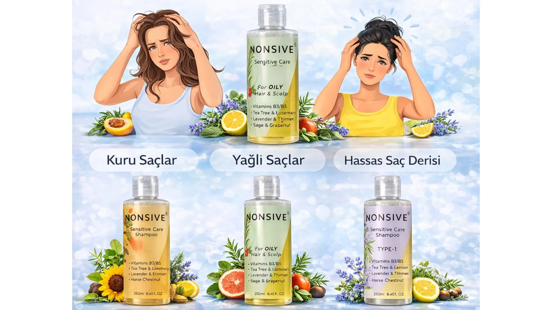 saç tipine göre şampuan önerisi kuru saçlar için şampuan yağlı saçlar için şampuan hassas saç derisi şampuan