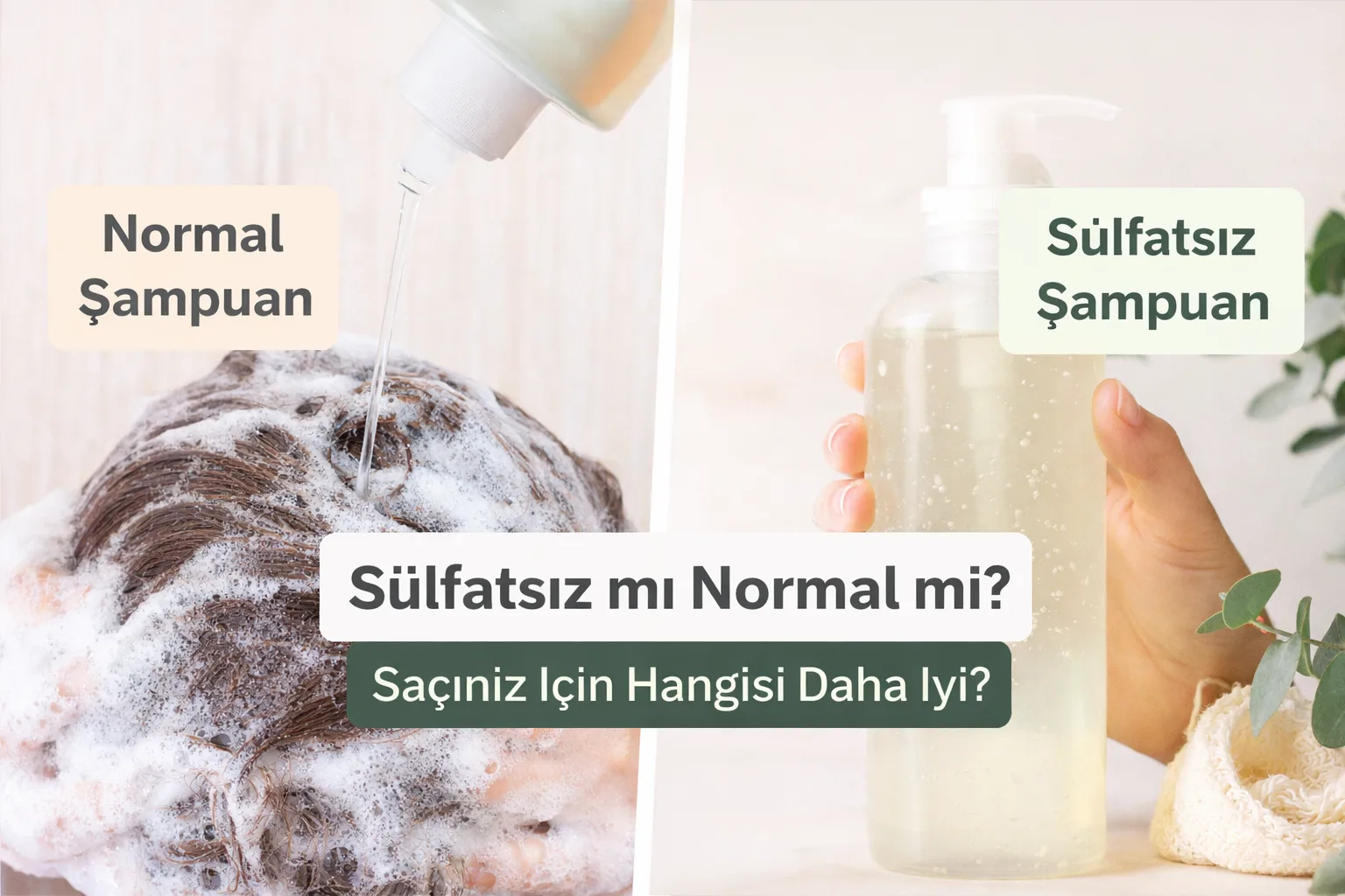 Sülfatsız şampuan ile normal şampuan arasındaki farkları gösteren karşılaştırmalı saç bakım görseli