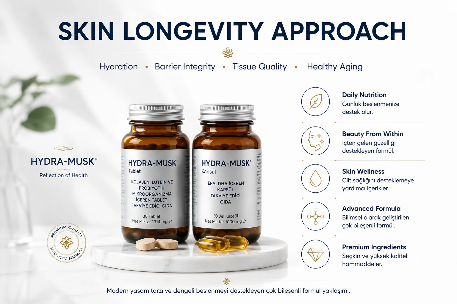 Hydra-Musk Skin Longevity yaklaşımını destekleyen kolajen, hyaluronik asit, omega-3, vitamin ve mineraller içeren premium takviye edici gıda.